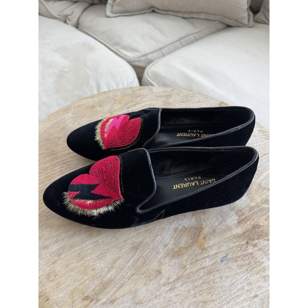 YVES SAINT LAURENT Heart Amore Love Velvet Leather Flat Loafers Size 38 - Picture 2 of 5